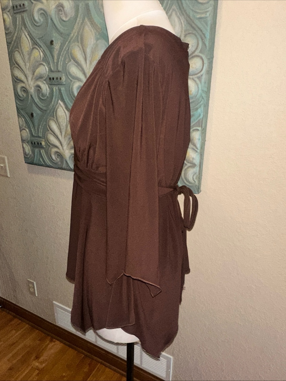 Y2K Cocomo Faux Wrap Tunic Top Brown Handkerchief Hem Tie Waist Women’s L - Picture 4 of 9